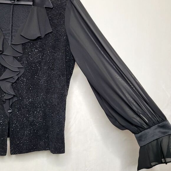 Alex Evenings Black Glitter Ruffle Button Down Top Size XL - Picture 5 of 12